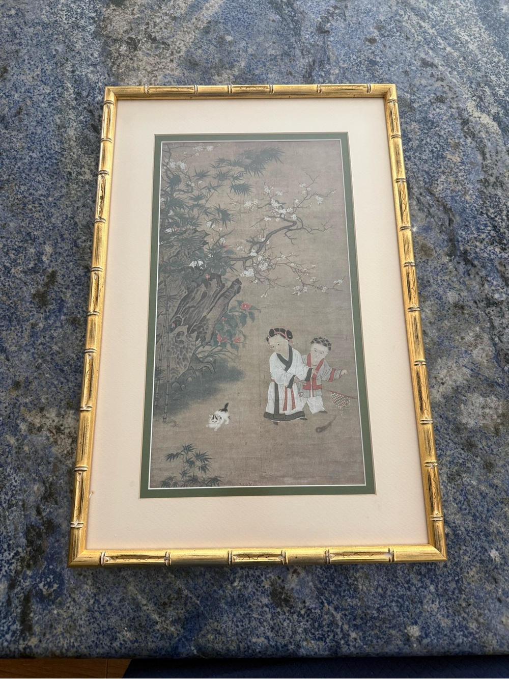 Vintage Geisha playing with cat Asian Scroll Art with Gold Bamboo Frame